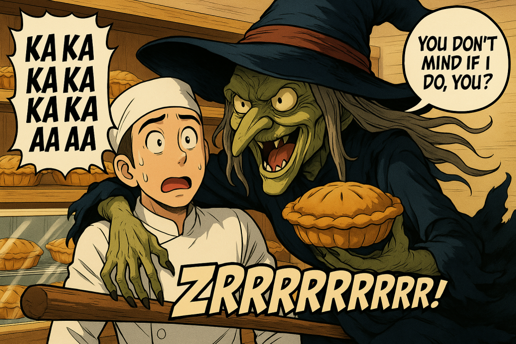 Broomella has discussion with baker about a pie