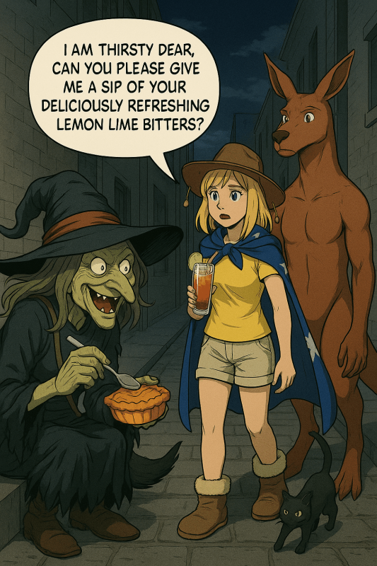18 - Broomella eating the stolen pie in a dark alley-min